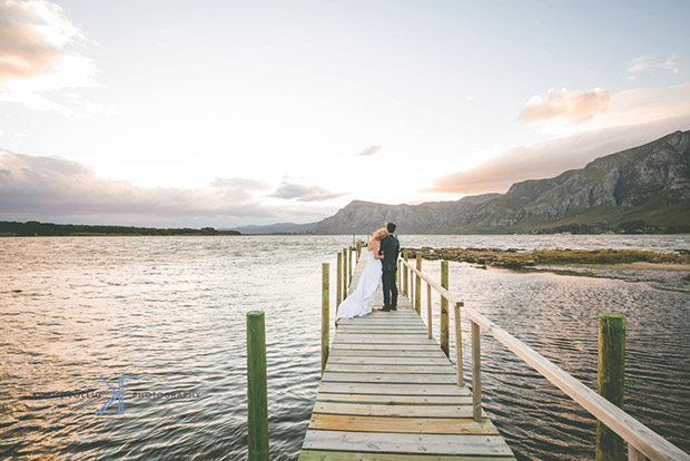 Wedding Couple on the jetty at Mosaic Sanctuary, Stanford, Western Cape