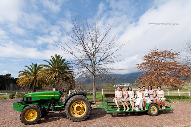 Bridal Party on the Tractor at Zorgvliet Wedding Venue Cape Town